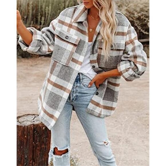 womens plaid flannel shacket long sleeve button down jacket shirt with pockets - Picture 3 of 7